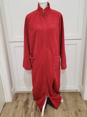 L.L. Bean Red Full-Length Fleece Robe with Front Zip & Pockets | Size Large